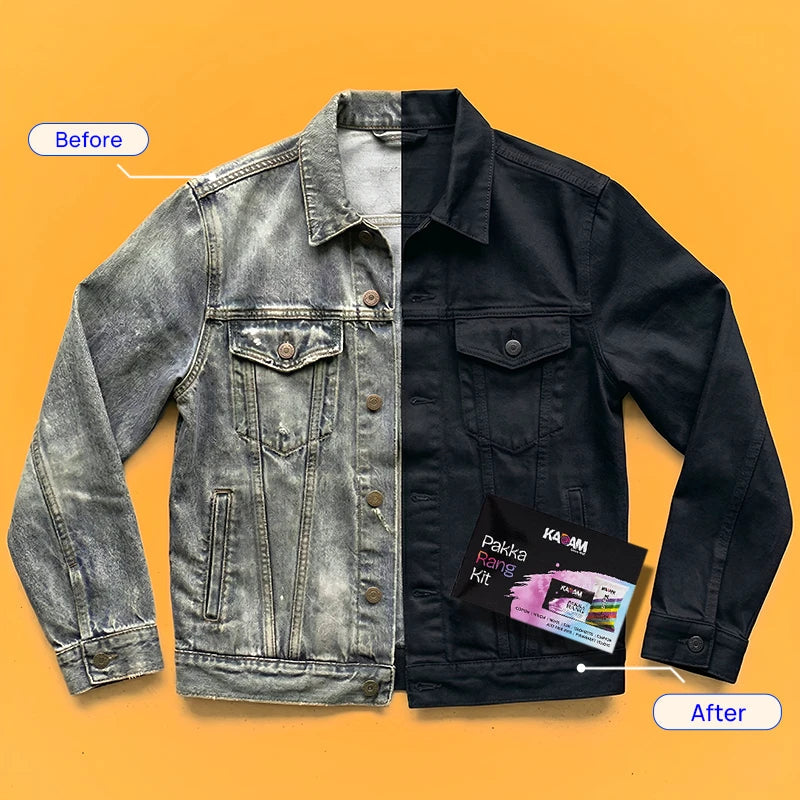 Before and after black dye result on jacket with Kadam Pakka Rang Kit