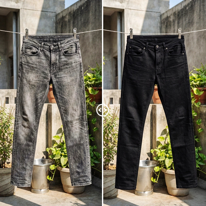 Before and after black jeans result with Kadam Pakka Rang Kit